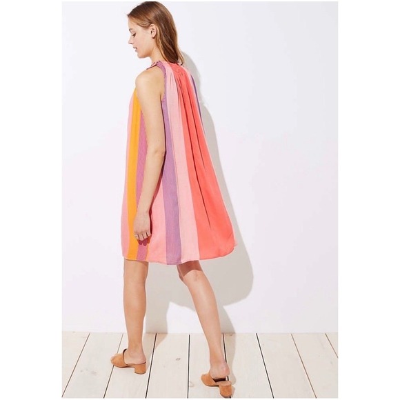 LOFT Dresses & Skirts - LOFT Striped Halter Swing Mini Dress Womens XS Pink Orange Boho Summer